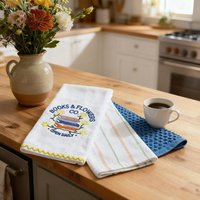 3 Pack Tea Towel Set Books Flowers - White White Blue