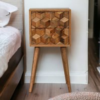 Solid Wood Mini Cube Carved 2 Drawer Bedside - Brown