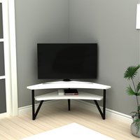 Kiberya Corner TV Stand, Metal Leg-Frame, Open Storage Shelf - White