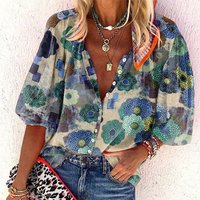 Women's Long Sleeve Printed Blouse - Green / M