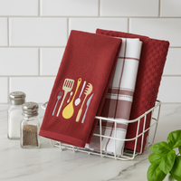Embroideried 3pk Tea Towel Set Kitchen Utensils - Red White
