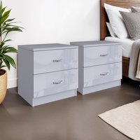 Pair of Grey Gloss 2 Drawer Bedside Tables Polished Metal Handles - Grey