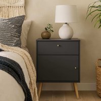 Quietbloom Dark Grey Bedside Table, 1 Door 1 Drawer, Solid Oak Legs - Grey