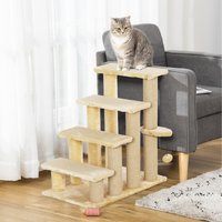 PawHut Pet Stairs with Scratching Posts, Platforms, Toy Ball - Beige / 64cm