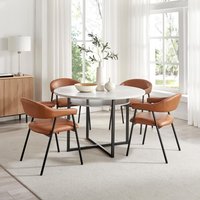 Adley Round Grey Concrete Effect Dining Table 4 Faux Leather Delos Chairs - Tan