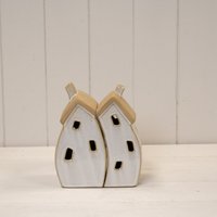 Sand Rustic Stone Glazed Ceramic Twin House Ornament - Light Sand