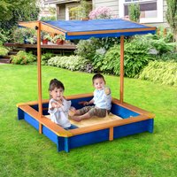 Outdoor Garden Square Wooden Sand Pit with Lid and Canopy, Sandbox, Garden Toy - Brown