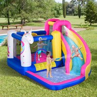Outsunny Unicorn Castle Slide Wall Basketball Hoop Blower Kids - Blue
