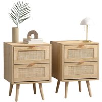 2PC Wooden Rattan Bedside Tables With 2 Drawers - Brown