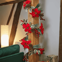 Christmas Poinsettia Garland with Pinecones - Red