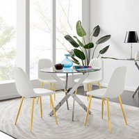 Novara Chrome Metal 100cm Round Glass Dining Table 4 Corona Gold Leg Chairs - White