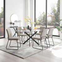 Leonardo 6 Black Leg Glass Modern Kitchen Dining Table and 6 Halle Chairs - Beige
