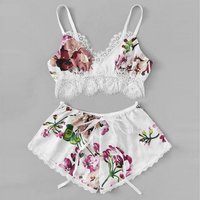 Floral Print Lace Pyjamas - White / UK 8