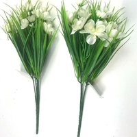 2 x Artificial Faux Grass Plant Bushes With White Flowers - White