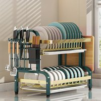 Double-Tier Carbon Steel Dish Rack - Green