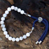 925 Silver Plated Gemstone Navy White Howlite Adjustable Bracelet - White