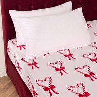 OHS Candy Cane Heart Print Fitted Sheet - White/Red / Double