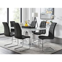 Giovani Grey White Modern Glass Dining Table With Six Murano Chairs Set - Black