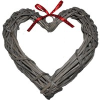 Wicker Heart Wreath With Red Spotty Ribbon - Grey Brown / 28cm