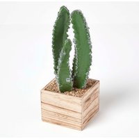 Homescapes Artificial Cactus Plant In Wooden Pot, 33 cm Tall - Green