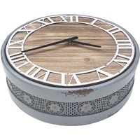 Small Round Metal and Wooden Clock - Grey frame, White numerals