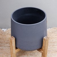Textured Concrete Round Garden Planter with Wooden Stand - Grey