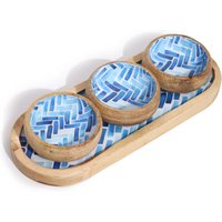 Mango Wood Tray with 3 Bowls Stripes - Blue