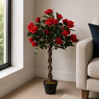 90cm Artificial Cream and Green Rose Tree - Twisted Vine Detail - Red Flowering Tree