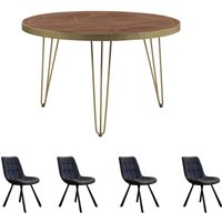Dallas Dark Mango Wooden Round Dining Table 4 Seats Set With 4 Chairs - Dark Wood