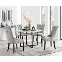 FurnitureboxUK, Palma Beige Stone Effect Round Dining Table and 4 Arlon Gold Leg Chairs - Blue FurnitureboxUK, Palma Beige Stone Effect Round Dining Table and 4 Arlon Gold Leg Chairs - Blue