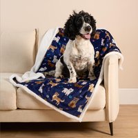 Dog Print Sherpa Fleece Reverse Pet Blanket Throw - Navy Blue