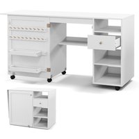 Folding Sewing Table with Storage Shelves and Trays - White