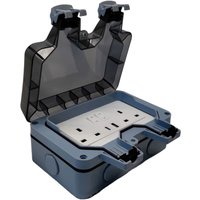 Weatherproof Outdoor Double Plug Socket 2 Gang Switched USB Port IP66 - Grey & Black