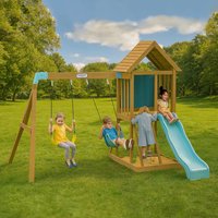 Large Wooden Swing Set with Slide and Swings - Aqua