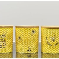 3x Ceramic Bee Storage Canister Wood Airtight Lid Kitchen Honeycomb Jar 16x12 Cm - YELLOW
