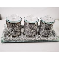 Set Of 4 Diamond Crushed Tea Coffee Sugar Jars with Tray - Silver