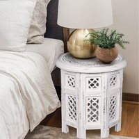 Round Carved Wooden Coffee Bedside End Table - White / 38cm