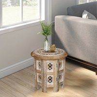Round Carved Wooden Coffee Bedside End Table - Natural / 30cm