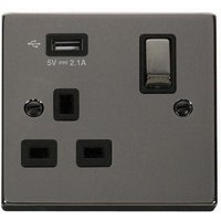 Black Nickel 1 Gang 13A DP Ingot 1 USB Switched Plug Socket - Black Nickel