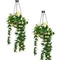 Artificial Hanging Basket with White Durantas and Solar LEDs - White / 2