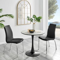 Elina White Marble Effect Round Dining Table and 2 Isco Chairs - Black