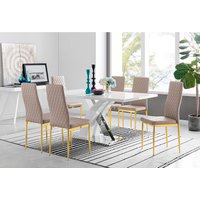Atlanta 6 White Dining Table and 6 Gold Leg Milan Chairs - Cappuccino