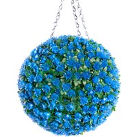 Best Artificial 28cm Blue Rose Hanging Basket Flower Topiary Ball - Blue
