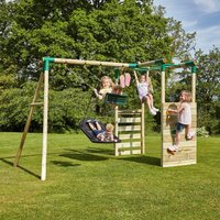 Wooden Double Swing Set with Climbing Wall and Monkey Bars - Venus - Green