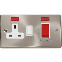 Satin Brushed Chrome Cooker Control 45A With 13A Switched Plug Socket 2 Neons - White