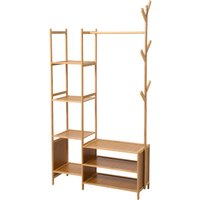 Multifunctional Coat Rack with Rail and Shelves - Natural Wood