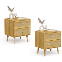 Sienna 2 Drawer Bedside Table with Rattan Drawers for Bedroom - Brown / MDF, Rattan, Metal, Melamine, Nickel, Rubberwood