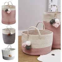 Woven Basket Clothes Hamper Laundry Basket with Pom - Pink / 25cm