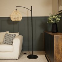 Preto Curved Floor Lamp with Teardrop Rattan Shade - Black