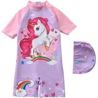 Children's One-Piece Unicorn Swimsuit with Hat - Purple / 18+ / 7 Years